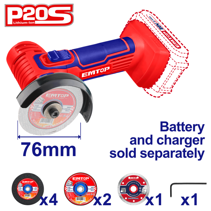 Մարտկոցային Անկյունային Հղկող Մեքենա - (Փոքր Բալգարկա) |EMTOP ELAG7601 20Վ, 76մմ 