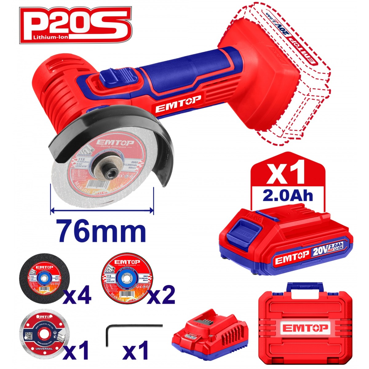 Մարտկոցային Անկյունային Հղկող Մեքենա - (Փոքր Բալգարկա) |EMTOP ELAG76017 20Վ, 76մմ 