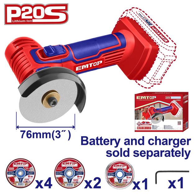 Մարտկոցային Անկյունային Հղկող Մեքենա - (Փոքր Բալգարկա) |EMTOP ELAG7601 20Վ, 76մմ 